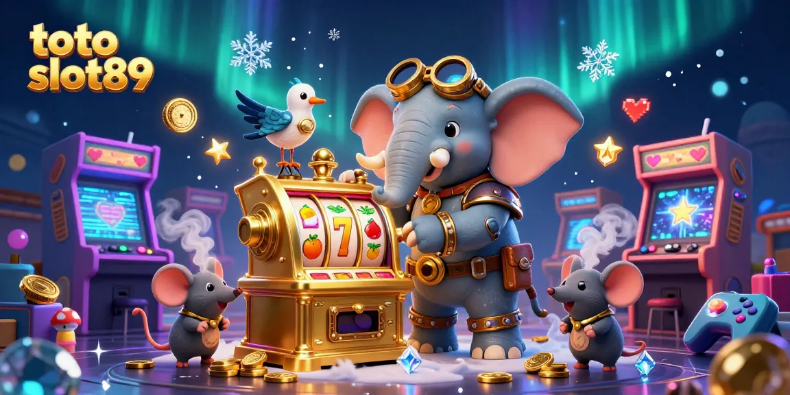 Engage with the thrilling world of toto slot89 through a whimsical 3D illustration featuring a steampunk elephant and dynamic game elements.