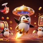 Menangkan slot dengan penguin emas beraksi, dikelilingi simbol jackpot dan koin emas.