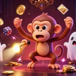 Experience thrilling judi bola action as a playful poltergeist monkey juggles gold in a haunted casino setting.