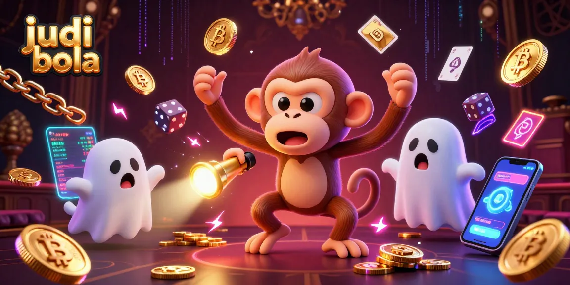 Experience thrilling judi bola action as a playful poltergeist monkey juggles gold in a haunted casino setting.