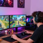 Pengalaman bermain di GOKIL33 dalam suasana gaming yang dinamis dan nyaman, menunjukkan perangkat gaming dan pencahayaan LED.