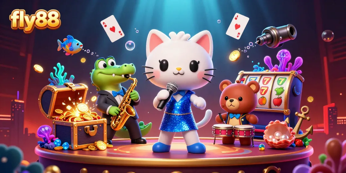 Experience the thrill of fly88 with a vibrant casino scene featuring animated characters and classic game elements.