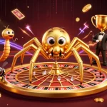 Visualisasi janda4d dengan laba-laba emas berputar di roda roulette dan elemen slot jackpot yang dinamis.