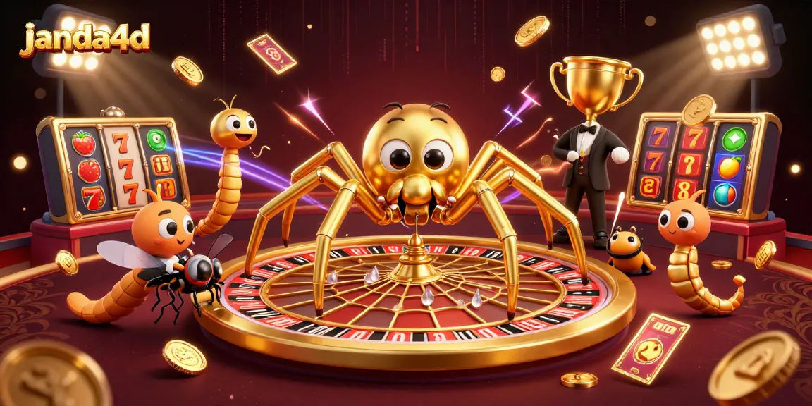 Visualisasi janda4d dengan laba-laba emas berputar di roda roulette dan elemen slot jackpot yang dinamis.