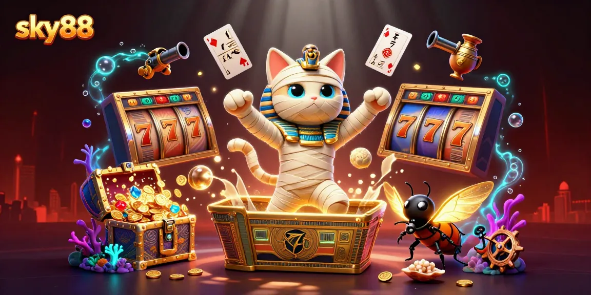 Experience thrilling moments with sky88 while the mummy cat bursts from a golden sarcophagus in a vibrant pyramid casino.