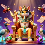 Experience thrill and winnings at situstotoslottergacor with vibrant lottery elements, featuring a regal pharaoh cat.
