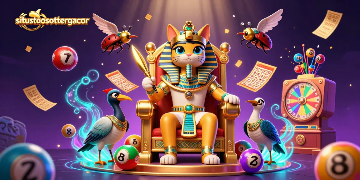Experience thrill and winnings at situstotoslottergacor with vibrant lottery elements, featuring a regal pharaoh cat.