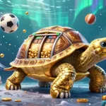 Experience exciting gambling with sin88's vibrant golden tortoise slot machine illustration, featuring flying sports balls and festive details.