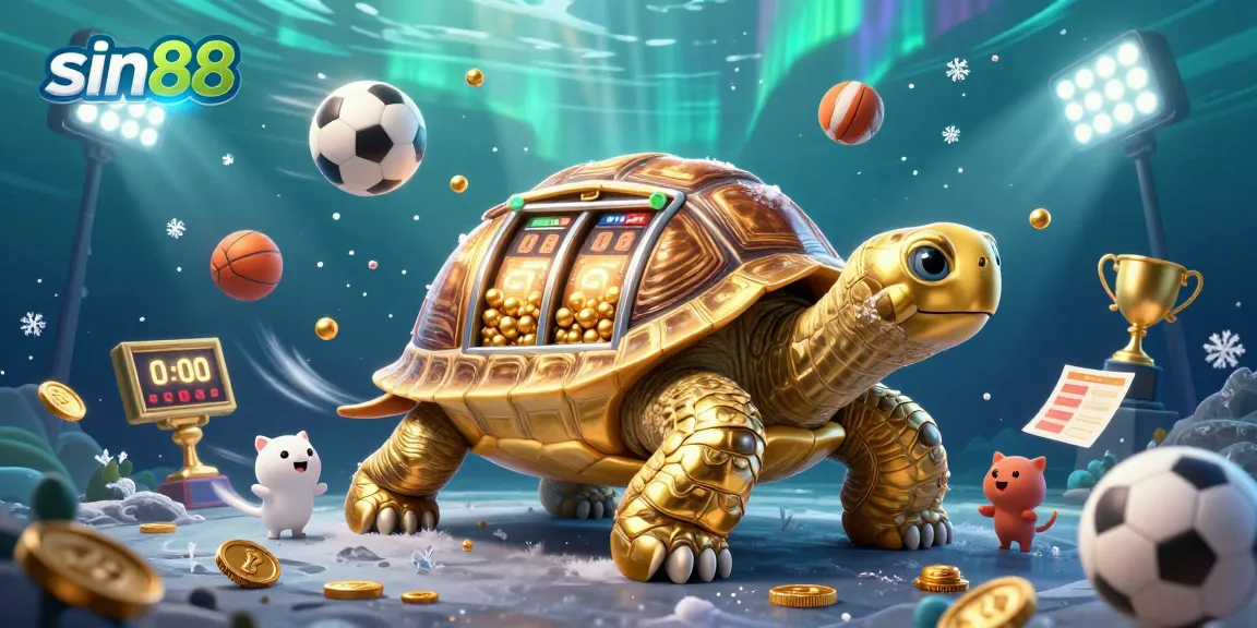Experience exciting gambling with sin88's vibrant golden tortoise slot machine illustration, featuring flying sports balls and festive details.
