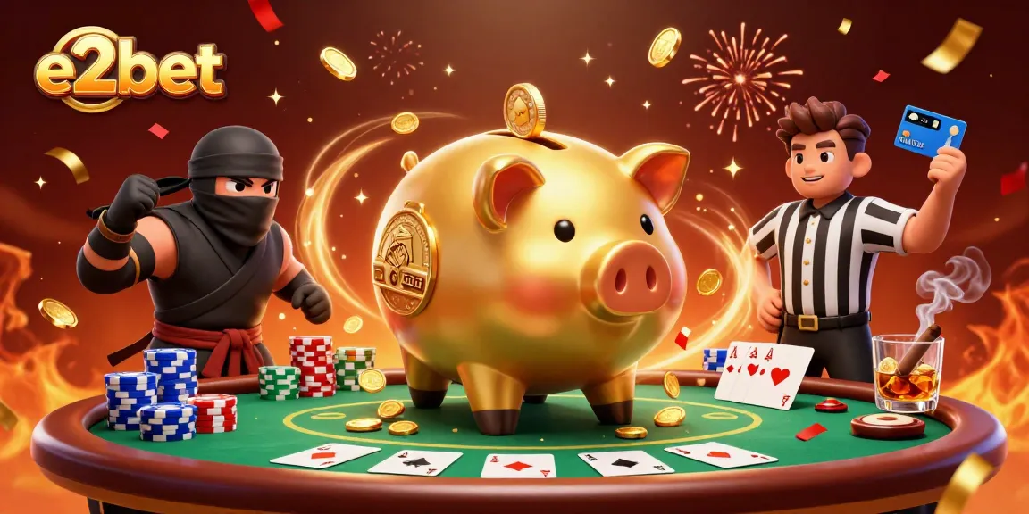 Experience the excitement of e2bet with a lively casino illustration, featuring unique characters and rich game elements.