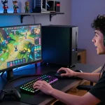 Engaged gamer playing 7meter on a high-resolution setup with energy drink and collectibles