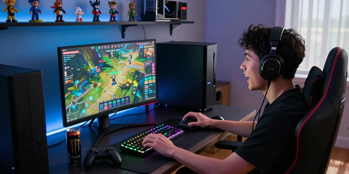 Engaged gamer playing 7meter on a high-resolution setup with energy drink and collectibles