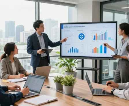 Diverse team in a bright office discussing how does AI create jobs opportunities with data presentations.