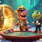 Dewacair Login features a cartoon velociraptor card counter at blackjack, surrounded by casino treasures and slot reels.