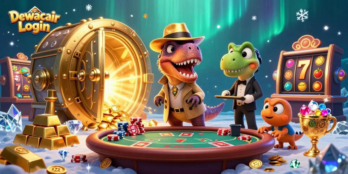 Dewacair Login features a cartoon velociraptor card counter at blackjack, surrounded by casino treasures and slot reels.