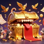 Experience jackpot kilat with an engaging scene featuring a treasure chest, adventurous mice, and dynamic casino elements.