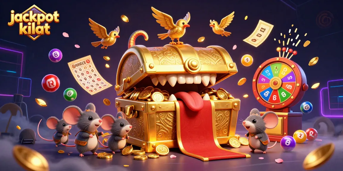 Experience jackpot kilat with an engaging scene featuring a treasure chest, adventurous mice, and dynamic casino elements.