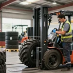 Forklift tyres for sale in Johannesburg showcased in a vibrant warehouse setting, highlighting solid, pneumatic, and polyurethane options.