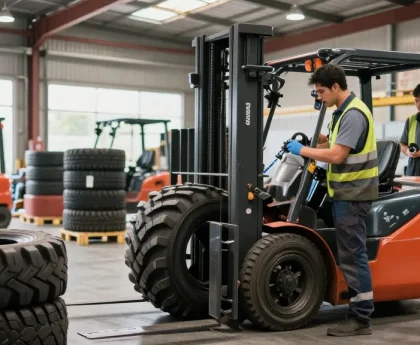 Forklift tyres for sale in Johannesburg showcased in a vibrant warehouse setting, highlighting solid, pneumatic, and polyurethane options.