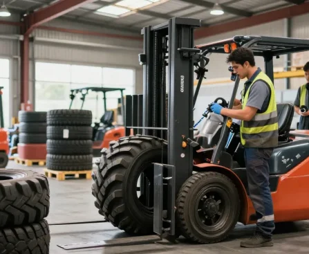Forklift tyres for sale in Johannesburg showcased in a vibrant warehouse setting, highlighting solid, pneumatic, and polyurethane options.