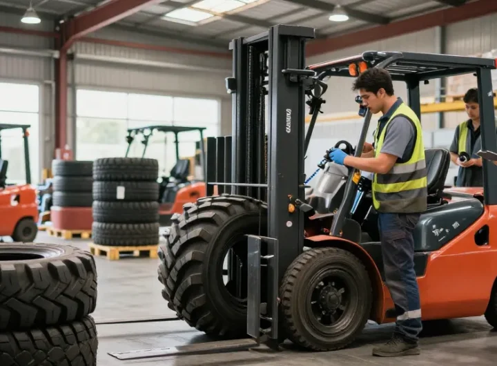Forklift tyres for sale in Johannesburg showcased in a vibrant warehouse setting, highlighting solid, pneumatic, and polyurethane options.
