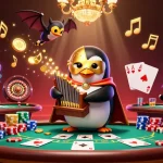 Experience exciting gaming at nk88 as a penguin plays the pipe organ amidst a lavish casino.