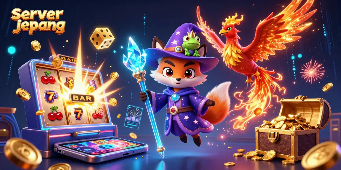 Experience thrilling gaming with server jepang's exciting slots and jackpot rewards in a dynamic casino illustration.